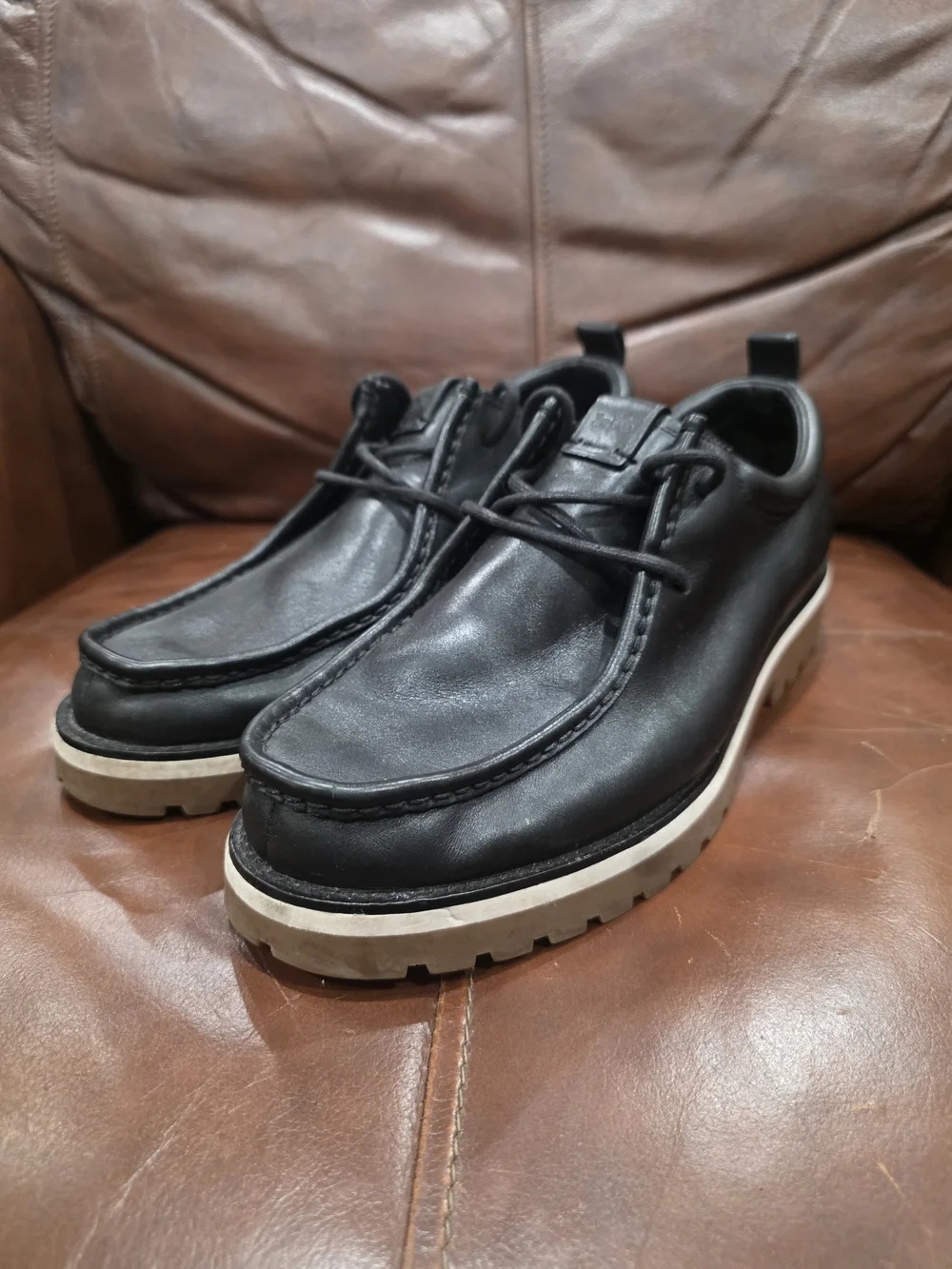Coach Men's Black Leather Lug-Sole Boots with Cream Contrast Sole